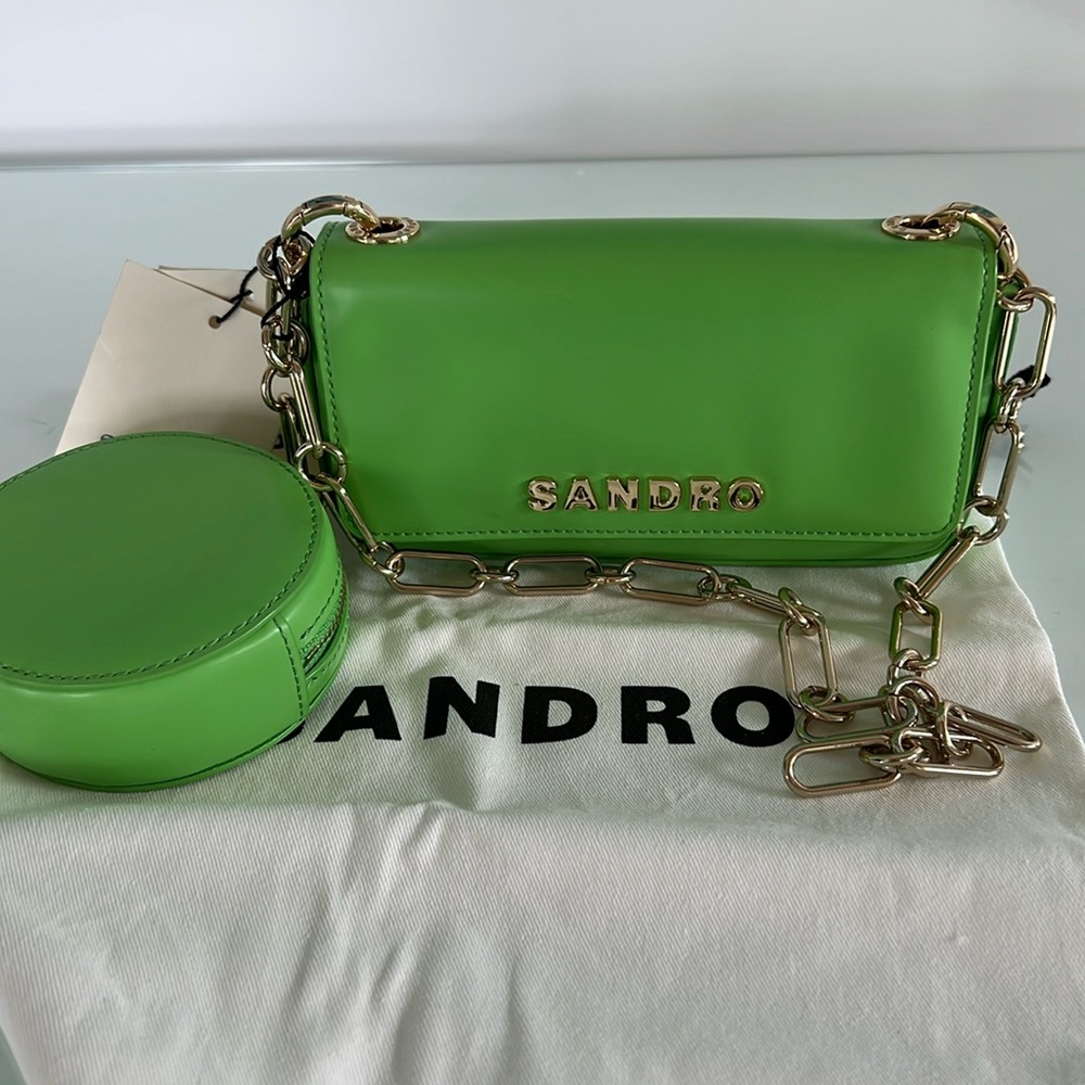 NWT $360 SANDRO totemo shoulder bag LIME GREEN with gold chain +zip coin purse - Picture 4 of 13